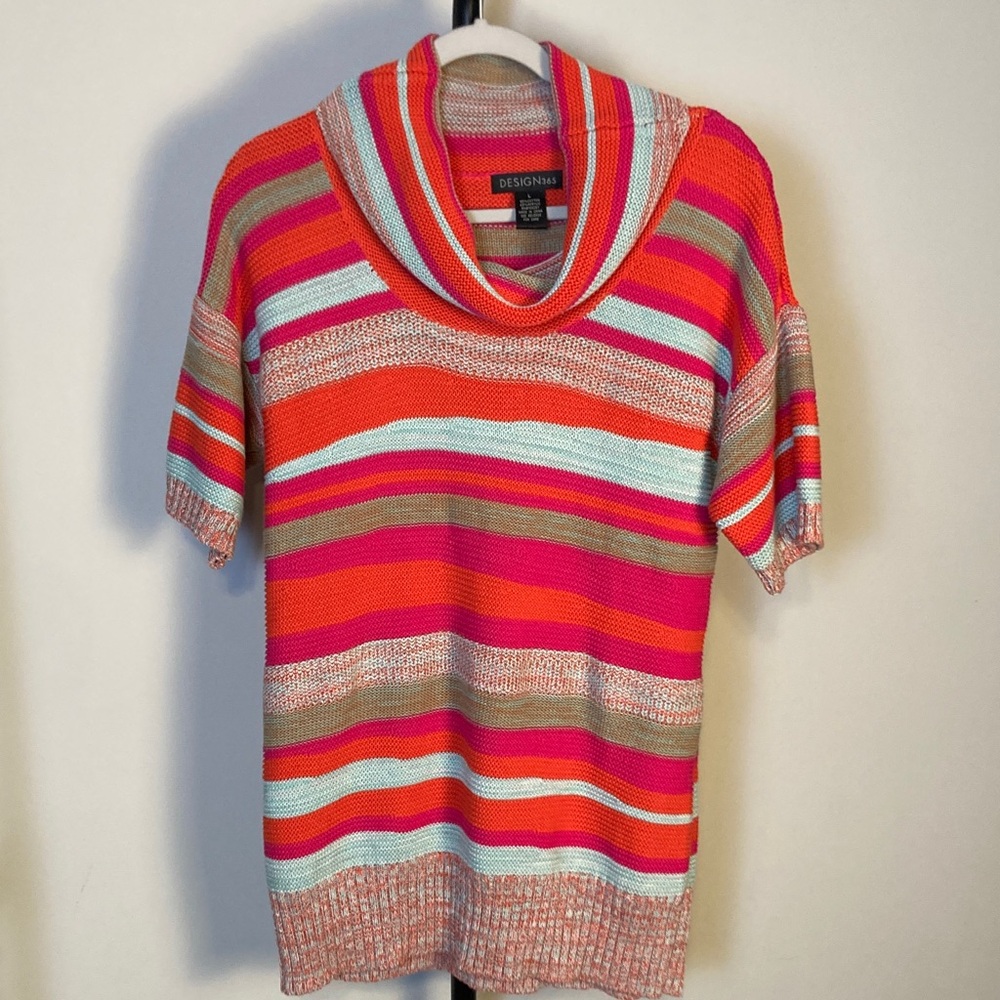 Design History Sweater‎ Tunic Top Striped Colorful Short Sleeve Cowl Neck Large